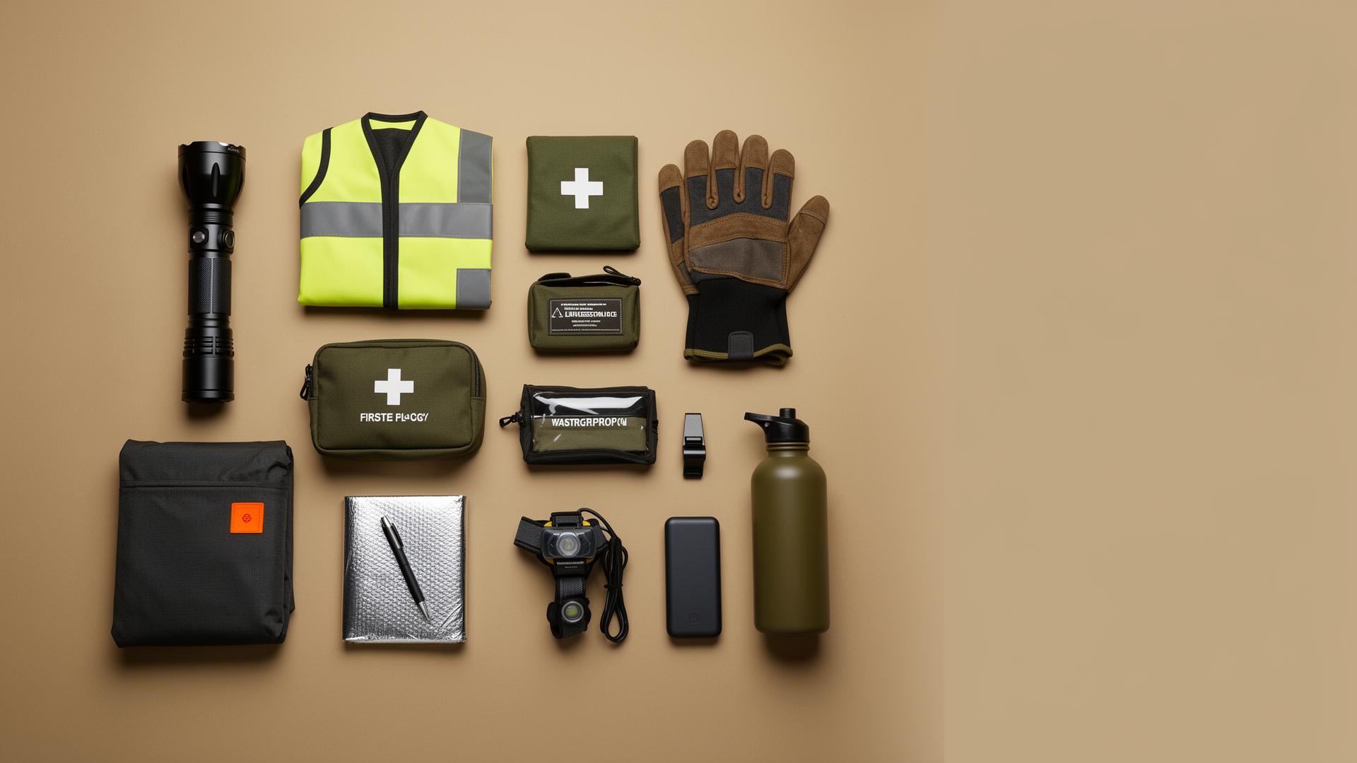 Laid-out emergency preparedness kit components on a neutral background